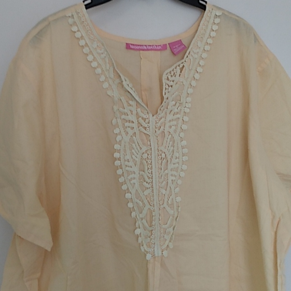 Woman Within 22/24W New Yellow Cotton Lace Short Sleeve Blouse